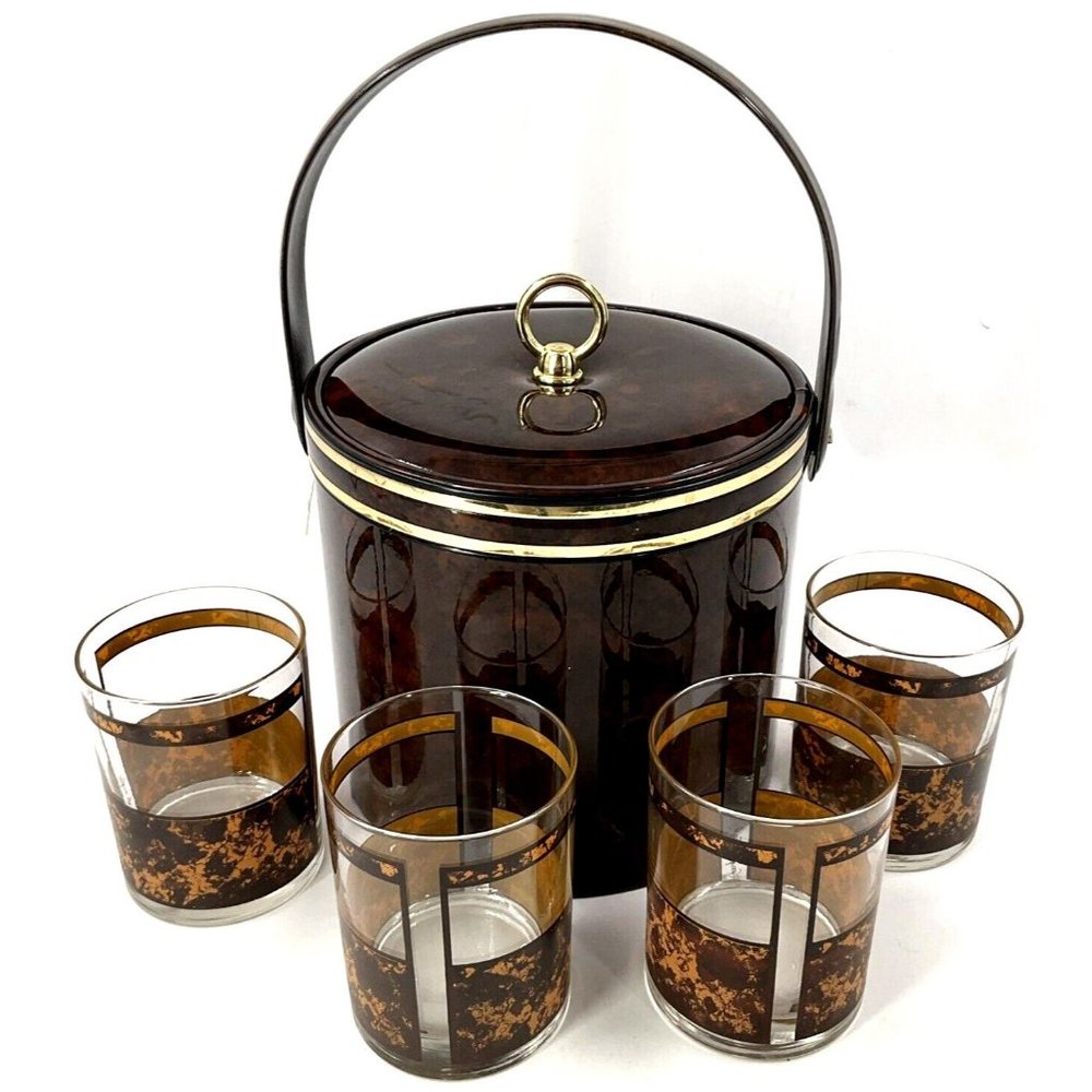 Mid Century Georges Briard Tortiose Shell Ice Bucket W/ 4 Double Old Fashioned
